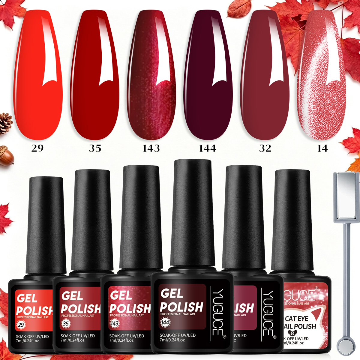Nail Art Red Wine Cat Eye - Ensemble de 7 vernis à ongles